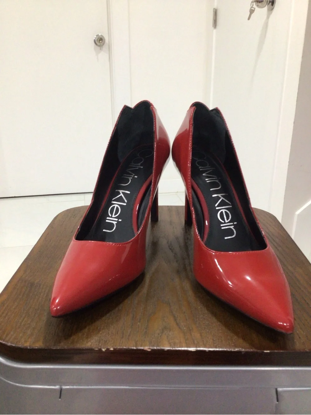 Calvin Klein Red Patent Pointed-Toe Pumps with Stiletto Heel